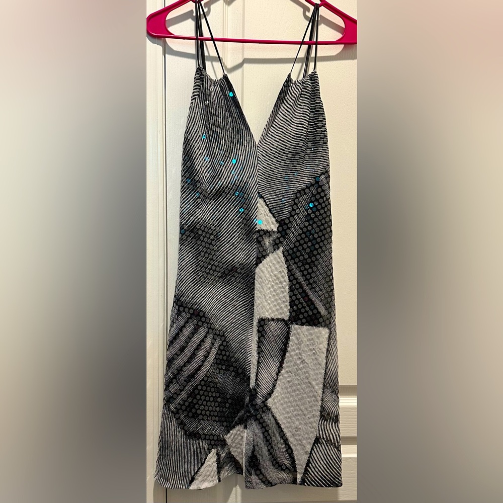 Laundry by Shelli Segal Strappy Sequin Slip Dress Black & White Geo Multi Stripe